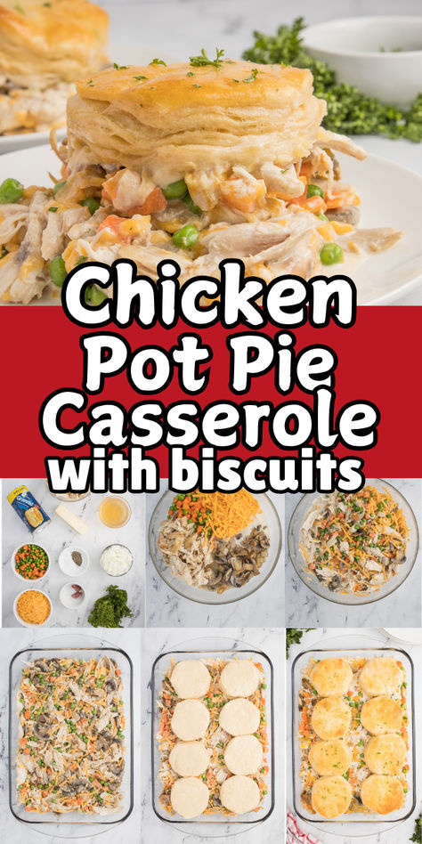 Chicken pot pie casserole with biscuits on a white plate. Chicken Stew Over Biscuits, Chicken Pie With Biscuits On Top, Chicken Potpie Casserole With Biscuits, Chicken Pot Pie Pillsbury Biscuits, Grands Biscuit Chicken Pot Pie, Chicken In Biscuit Recipe, Baked Chicken Pot Pie With Biscuits, Chicken Pot Pie With Biscuits And Frozen Veggies, Recipes With Chicken And Biscuits