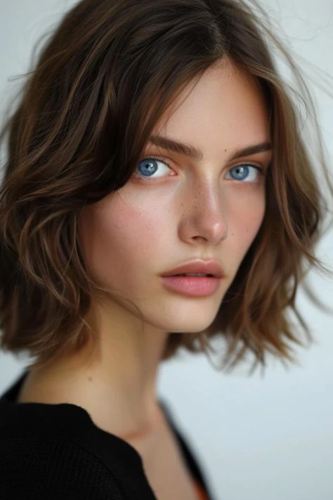 Portrait of a person with striking blue eyes, short wavy brown hair, and a black top, exuding a calm and confident demeanor. Chin Length Haircuts, Choppy Bob Haircuts, Layered Haircuts For Medium Hair, Wavy Bob Hairstyles, Long Bob Haircuts, Top Hairstyles, Bob Hairstyles For Fine Hair, Shoulder Length Hair Cuts, Haircuts For Medium Hair