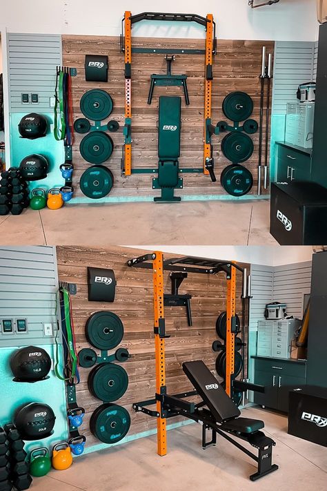 A small space doesn't have to limit your fitness goals! Transform your garage/spare room into the perfect home gym with PRx Performance space-saving equipment. Small Gym Space Ideas, Minimalist Garage Gym, Small Gym Set Up, Home Gym Garage Uk, Garage Gym Renovation, Gyms In Garage, Garage Gym For Women, Home Gym System, Small Garage Gym Design