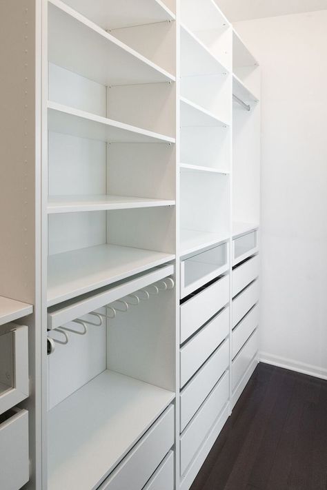 In this post, we’re sharing everything we learned building the Ikea PAX closet system, including: helpful tips for assembly ways we hacked the PAX for a custom size how to cover Ikea PAX holes alternative rod options must-have accessories to...Read More Ikea Pax Wardrobe Layout, Ikea Pax Closet Small Spaces, Ikea Closet Ideas, Narrow Walk In Closet, Walk In Closet Ikea, Inspiration Dressing, Narrow Closet, Ikea Closet Organizer, Pax Closet