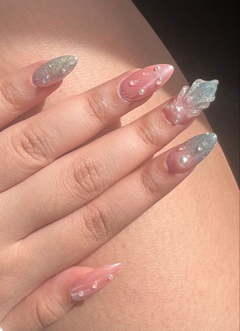 Navy Blue And Pearl Nails, Pink And Blue Beach Nails, Pink N Blue Nails, Blue Mermaid Nails, Pink Mermaid Nails, Mermaid Nails Design, Jellyfish Nails, Pearly Nails, Skincare Board