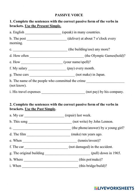 Present Passive Worksheet, Past Passive Worksheet, Passive Worksheet, Present And Past Passive Worksheet, Passive Voice Present Continuous, Present Simple Passive Worksheet, Passive Voice Past Simple Worksheet, Passive Voice Exercises, Active Vs Passive Voice