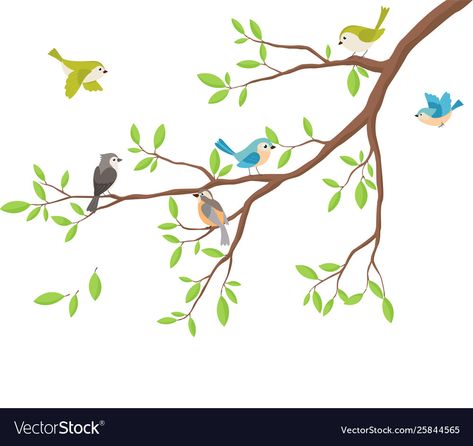 Birds On Tree Drawing, Tree Branch Illustration, Flying Bird Drawing, Embroidery Birds, Window Illustration, Birds On A Branch, Cartoon Trees, Window Drawing, Branch Vector