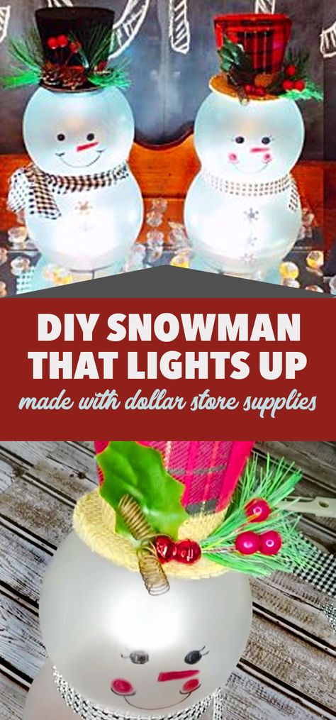 Dollar Store Christmas Crafts - DIY Snowman That Lights Up - Cheap Holiday Decor Ideas #christmas #christmascrafts #dollarstorecrafts Winter Dollar Store Crafts, Diy Christmas Ornament Tree, Snowman Crafts Dollar Tree, Crafty Snowman Ideas, Light Up Snowman Craft, Dollar Tree Christmas Presents Diy, Christmas Crafts Diy Snowmen, Dollar Store Snowman Crafts, Dollar Tree Snowmen Crafts