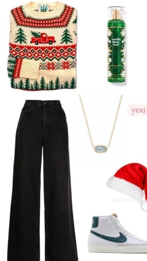 Outfit For Christmas Party In School, Christmas Vibe Outfit, Christmas Outfit Layout, Christmas Outfit Preppy, Cristmass Aesthetic Outfit, Christmas Preppy Outfits, Christmas Aesthetic Clothes, Pretty Christmas Outfits, Christmas Outfits For School