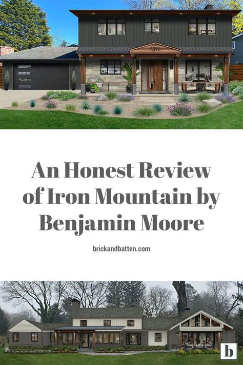 Black may be bold, but that doesn’t mean it can’t be the perfect balance you were looking for in your home exterior update. Whether you have a traditional or modern home, Iron Mountain by Benjamin Moore can add just the right amount of statement. #exteriordesign #ironmountain #benjaminmoore #paint Iron Gray House Exterior, Bm Iron Mountain, Wrought Iron Benjamin Moore Exterior, House Paint Exterior Black, Bm Wrought Iron Exterior, Exterior House Colors Mountain Home, Iron Mountain Exterior, Behr Iron Mountain, Bm Iron Mountain Exterior