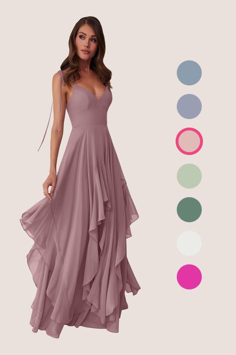 This flowy dress features double adjustable spaghetti straps with a bow tie at the shoulders, pockets, and a ruffled tier handkerchief cut skirt. Steel Grey Bridesmaid Dress, Dusk Bridesmaid Dress, Mauve Bridesmaid Dress, Biker Wedding, Cute Formal Dresses, Rose Bridesmaid Dresses, Blush Bridesmaid Dresses, Grey Bridesmaid Dresses, Mother Wedding Dress