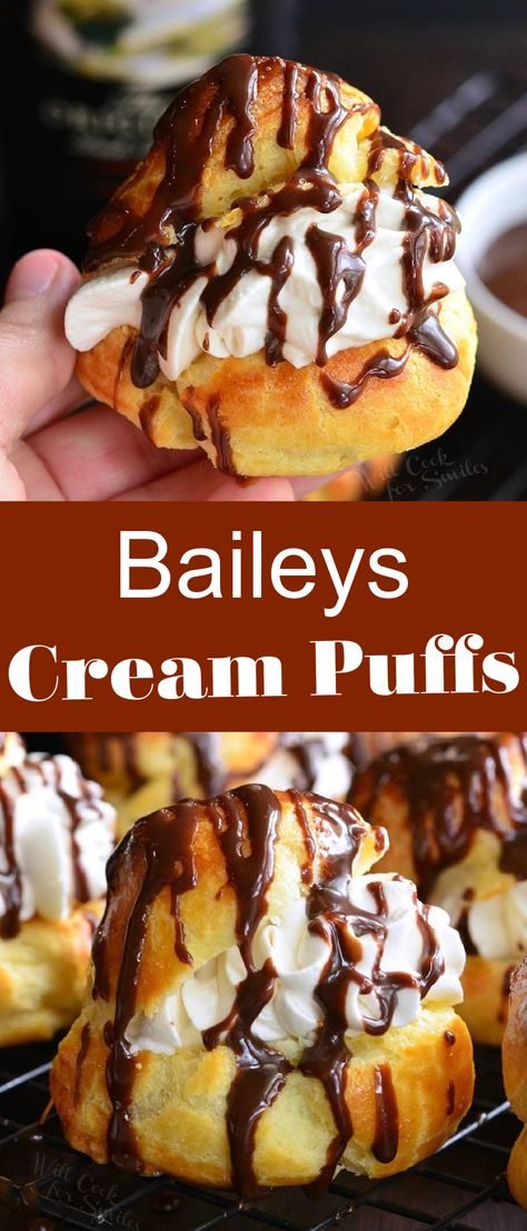 Christmas Cream Puffs, Baileys Whipped Cream, Cream Puffs Recipe Easy, Baileys Cream, Baileys Irish Cream Recipes, Cream Puffs Easy, Cream Puff Filling, Chocolate Cream Puff, Puff Dessert