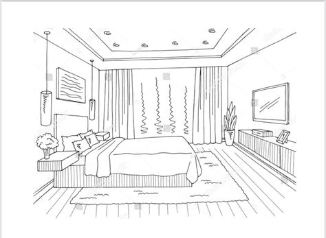 Bedroom Template, Draw Bedroom, Room Perspective Drawing, Perspective Room, Interior Design Sketchbook, Black White Home, Room Drawing, Bedroom Drawing, Perspective Drawing Architecture