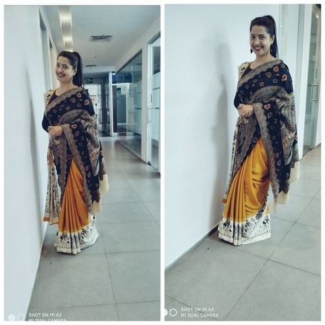 Style your saree with shawl. Perfect for winter wear and Pashmina lover. Its a crape saree teamed with bodycon black round neck T-shirt. Saree With Shawl Style, Saree With Shawl, Floral Kurtis, Saree Styling, Shawl Style, Print Saree, Winter Wear, Saree Designs, Neck T Shirt