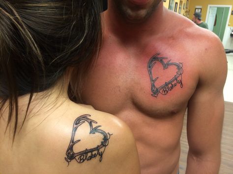 Hook and antler tattoo Couples Antler Tattoos, Hunting Couples Tattoos, His And Her Buck And Doe Tattoo, Country Tattoos For Couples, Buck And Doe Matching Tattoos, Buck And Doe Couple Tattoo, Matching Tattoos Couples Country, Cowboy Couple Tattoos, Couples Fishing Tattoos