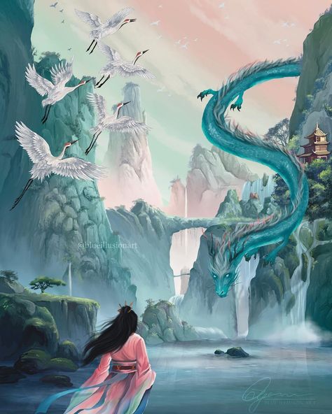 Artist: blueillusionart The Dragons Promise Fanart, Six Crimson Cranes Aesthetic, Six Crimson Cranes Fanart, Dragons Promise, Six Crimson Cranes, Mythology Books, Throne Of Glass Books, Beneath The Sea, Watercolor Journal