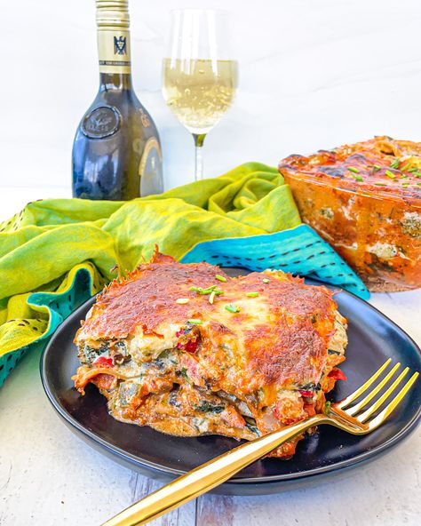 Healthy High Protein Vegetable Lasagna — The Global Vegetarian High Protein Vegetables, Ricotta Sauce, Tofu Ricotta, Vegetarian Lasagna, Vegetable Lasagna, Weekday Meals, Red Chili Flakes, Spinach Leaves, Red Sauce