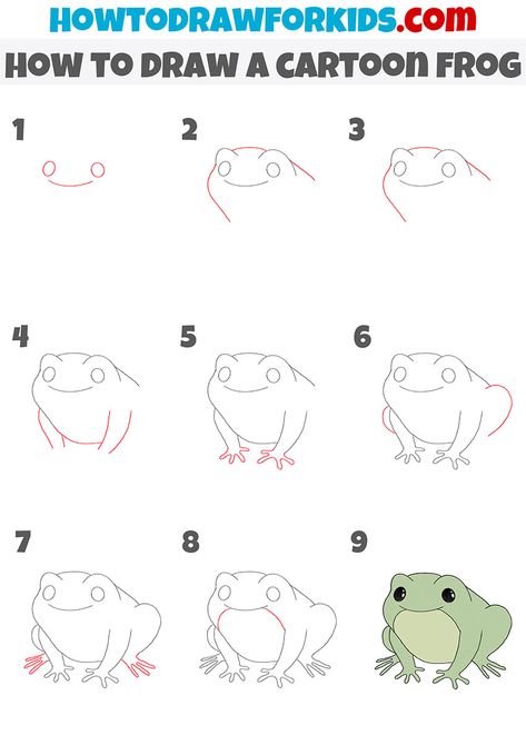 how to draw a cartoon frog step by step How To Draw Cartoon Frog, How To Draw Frogs, How To Draw A Frog Step By Step, How To Draw Frog, Frog Drawing Step By Step, Frog Easy Drawing, How To Draw A Frog, Frog Drawing Tutorial, Froggy Drawing