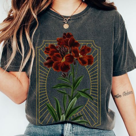 Flowers Dark Botanical T-shirt Dark Botanical, Butterfly Tank Top, Flowers Dark, T Shirt Flowers, Botanical Shirt, Flower Shirt, Floral Botanical, Short Sleeve Top, Types Of Collars