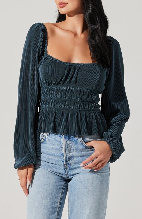 ASTR the Label Plissé Square Neck Long Full Sleeve Top available at #nordstromrack Full Sleeve Top, Billowy Sleeves, Astr The Label, Deep Teal, Fitted Bodice, Full Sleeve, Square Neck, The Label, The Game