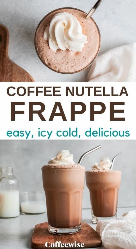 Want to know how to make a nutella frappe at home? Our Homemade nutella frappe recipe is super easy to make and is the perfect combination of nutella coffee and blended ice | Nutella coffee milkshake without icecream | nutella coffee frappe recipe | nutella in coffee | nutella iced coffee drinks | coffee recipes | coffee drinks Nutella Iced Coffee Starbucks, Nutella Cold Coffee Recipes, Nutella Frappuccino Recipe, Frappe Base Recipe, Ninja Creami Frappuccino Recipe, Nutella Cream Latte, Nutella Drink Recipes, Nutella Frappe Recipe, Ice Cream Coffee Drink