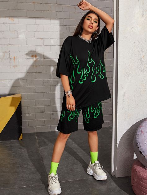 Drop Shoulder Fire Print Longline Tee Jersey Style, Tomboy Style Outfits, The Drop, Streetwear Fashion Women, Indie Outfits, Swaggy Outfits, Tomboy Fashion, Fashion Streetwear, Grunge Style