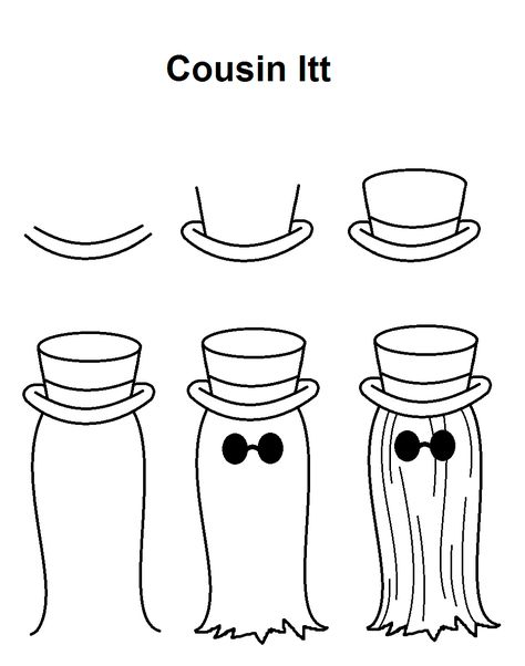 Step-by-step to draw Cousin Itt from The Addams Family. Thing From Addams Family Drawing, The Adams Family Drawing, Cousin It Tattoo Addams Family, Adams Family Clipart, Addams Family Doodles, Thing Addams Drawing, Addams Family Drawings Easy, Adams Family Drawing Easy, Addams Family Pumpkin Painting