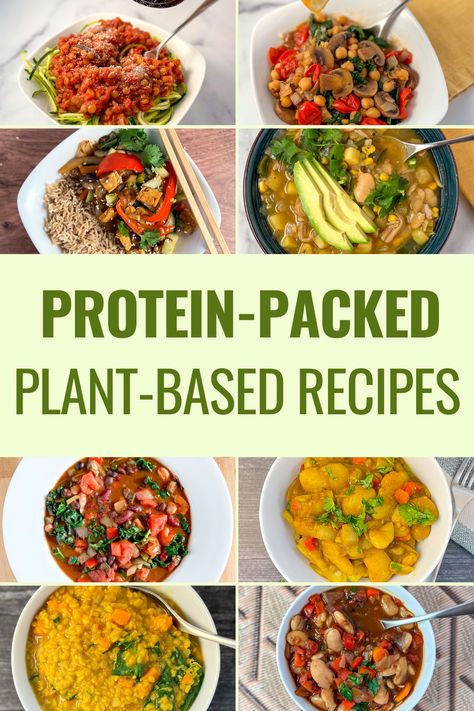 Graphic with 8 different high protein plant based meals. Plant Based Protein Recipes, Whole Plant Based Diet, Plant Based Proteins, Vegan Board, Best Vegan Protein, Adventist Church, Inflammatory Recipes, Plant Based Lunch, High Protein Vegetarian Recipes