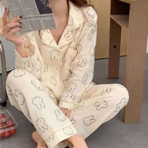 Korean Pajamas, Floral Cartoon, Cute Pajama Sets, Pajamas Gift, Cotton Pajama Sets, Rabbit Print, Cute Pajamas, Collar Cardigan, Cardigan Women