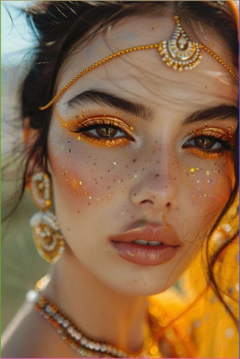 Hippy Makeup, Hippie Makeup Looks, Mystic Makeup, Desert Makeup, Vibrant Makeup Looks, Carnaval Makeup, Festival Eyeshadow, Bohemian Makeup, India Makeup