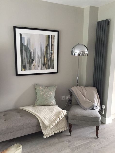 Purbeck Stone Ammonite Paint, Farrow And Ball Living Room, Black Radiator, Purbeck Stone, Hallway Colours, Wooden Window Frames, Grey Sofa, Farrow And Ball Paint, Farrow And Ball