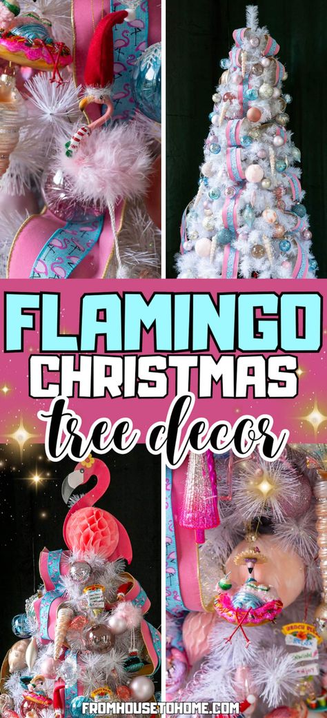 Flamingo-themed Christmas tree decor. Christmas Flamingo Decorations, Palm Tree Christmas Decorations, Palm Tree Christmas Trees Ideas, Pink Flamingo Christmas Tree, Flamingo Christmas Tree Ideas, Flamingo Ornaments Diy, Tree Christmas Ideas, Christmas Pictures With Lights, Flamingo Decorations