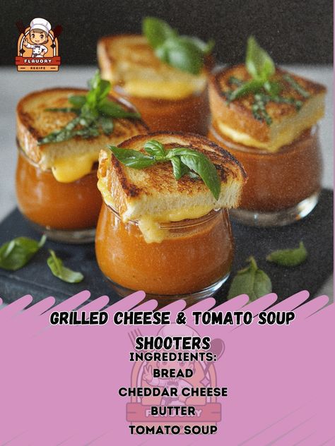 Enjoy a nostalgic twist with these Grilled Cheese & Tomato Soup Shooters! 🥪🍅 Perfect for cozy gatherings!" Grilled Cheese & Tomato Soup Shooters Ingredients: Bread (4 slices, preferably sourdough) Cheddar cheese (8 oz, sliced) Butter (2 tbsp) Tomato soup (2 cups, warmed) Fresh basil (for garnish) Instructions: Butter one side of each bread slice. Place cheese between two slices, buttered sides out, and grill until golden and melted. Cut sandwiches into quarters. Serve shooters by pouring ... Tomato Soup Shooters With Grilled Cheese, Grilled Cheese And Tomato Basil Soup, Grilled Cheese Tomato Soup Bake, Grill Cheese Tomato Soup, Tomatoe Soup And Grilled Cheese, Soup Shooters, Trending Recipes, Tomato Soup, Fresh Basil