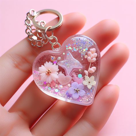 Admire this stunning resin art keychain, a treasure to teenage girls. Shimmering with sparkly glitter and mini dried flowers, its glossy finish enhances a heart-shaped pastel palette of pink, lavender, and mint green. A silver chain adds practicality to its charm. Perfect for keys or bags. #TeenAccessories #ResinArt #Keychain #Glitter #PastelColors #GiftIdeas Pink Resin Keychain, Resinart Keychain, Resin Art Keychain, Pastel Resin, Calm Down Bottle, Emo Accessories, Art Keychain, Diy Slime Recipe, Miniature Flowers