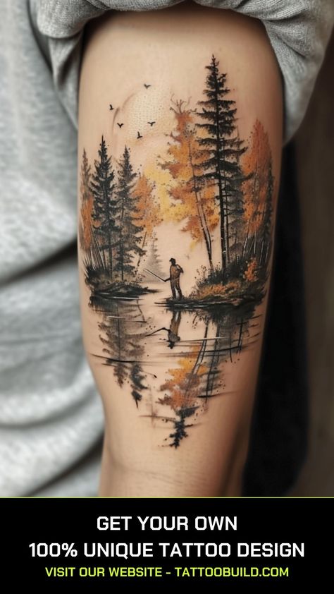 Camping Tattoo Ideas: Symbolism & Stunning Ideas - Tattoo Build Campfire Tattoo Sleeve, Landscape Leg Tattoo, Mens Skull Tattoo Ideas, Chainsaw Chain Tattoo, Lake Scene Tattoo, Cowboy Western Tattoos For Men, Scenery Tattoo Design, Cabin In The Woods Tattoo, Hunting And Fishing Tattoos