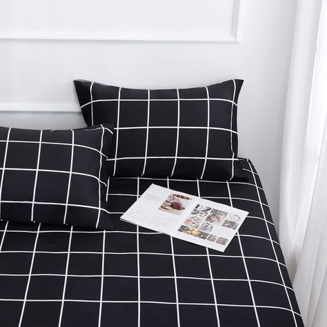 PRICES MAY VARY. 【4 PIECES BED SHEET SET】Queen size,1 flat sheet(102"x90"),1 fitted sheet(80"x60") and 2 standard pillowcases(20"x30") 【EASY CARE】 Our sheets are stain resistant, fade resistant, and wrinkle resistant. They are machine washable in cold water and dry quickly on tumble. 【HIGHEST QUALITY BRUSHED MICROFIBER】Super soft microfiber polyester fabric，smooth and comfortable. These are made of the highest quality double brushed microfiber yarns. 【PLAID PATTERN DESIGN】Black Checker gingham p Buy Bed, Bed Sheet Set, Printed Sheets, Sheet Sets Queen, Bed Sheet Sets, Bed Sheet, Black Pattern, Flat Sheets, Plaid Pattern