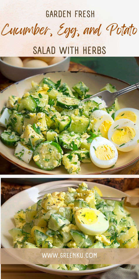 Refresh your taste buds with our garden fresh cucumber, egg, and potato salad, infused with aromatic herbs for a burst of flavor in every bite! 🥒🥚🥔 #CucumberSalad #PotatoSalad #HerbaceousDelights #FreshFlavors #FoodieFavorites Egg And Cucumber Salad, Cucumber And Egg Salad, Egg And Potato Salad, Salad With Herbs, Egg And Potato, Potato Salad With Egg, Fresh Cucumber, Creamy Eggs, Cucumber Recipes