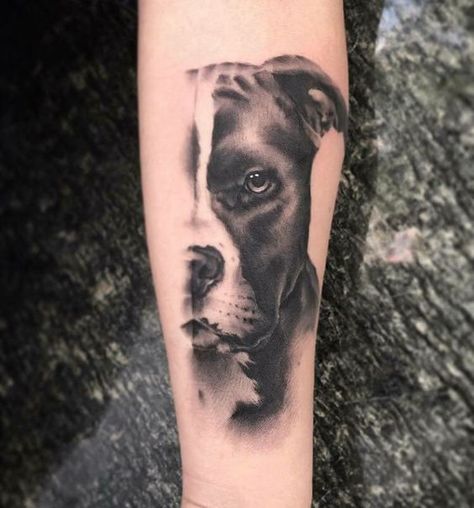 Tattoos For Women Dog, Tattoo Perro, Arm Tattoo Men, Dog Portrait Tattoo, Pitbull Tattoo, Dog Memorial Tattoos, Bull Tattoos, Original Tattoos, Geniale Tattoos