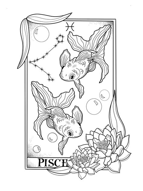 Pisces Doodle Art, Pisces Zodiac Drawing, Pisces Aesthetic Drawing, Pieces Drawing Zodiac, Pisces Drawing Ideas, Pisces Tarot Card Tattoo, Pisces Drawing Zodiac, Pisces Coloring Pages, Pisces Art Drawing