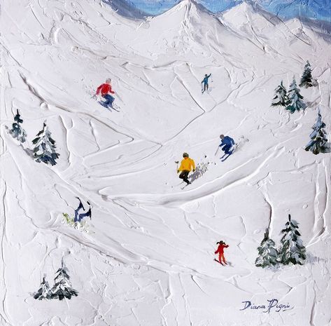 Skiing Painting, Spackle Art, Mountain Skiing, Skiing Art, Pine Tree Painting, Christmas Pine Tree, Acrylic Painting Inspiration, Ski Art, Learn Watercolor Painting