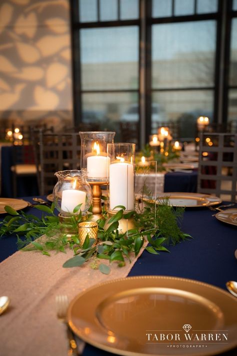 Navy Blue Mint Green Gold Wedding Decor, Navy And Gold Rustic Wedding, Blue Pillar Candles Wedding, Navy And Gold Event Decor, Navy Copper Sage Wedding, Navy And Copper Wedding Centerpieces, Blue And Green Wedding Reception, Navy And Gold Flower Arrangements, Gold And Green Wedding Centerpieces