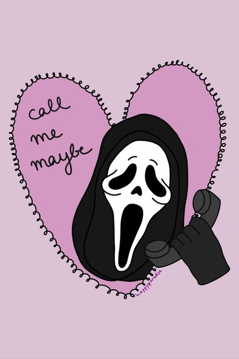 Scream's Ghostface with Telephone in front of a pink heart and call me maybe text Horror Valentines Day, Horror Valentines, Vday Cards, Ghostface Scream, Call Me Maybe, Valentines Day Cards, Valentines Day Card, Halloween Poster, Ghost Faces