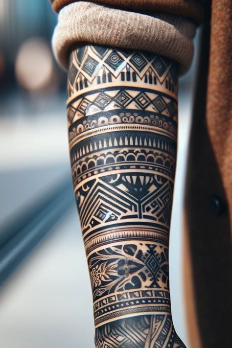 39 Female Sleeve Tattoos The Ultimate Collection That'll Inspire Aztec Tattoo Patterns, Geometric Floral Tattoo Sleeve, Pattern Sleeve Tattoo, Female Sleeve Tattoos, Traditional Tattoos For Men, Samoa Tattoo, Mandala Sleeve Tattoo, Mountain Sleeve Tattoo, Geometric Tattoo Sleeve