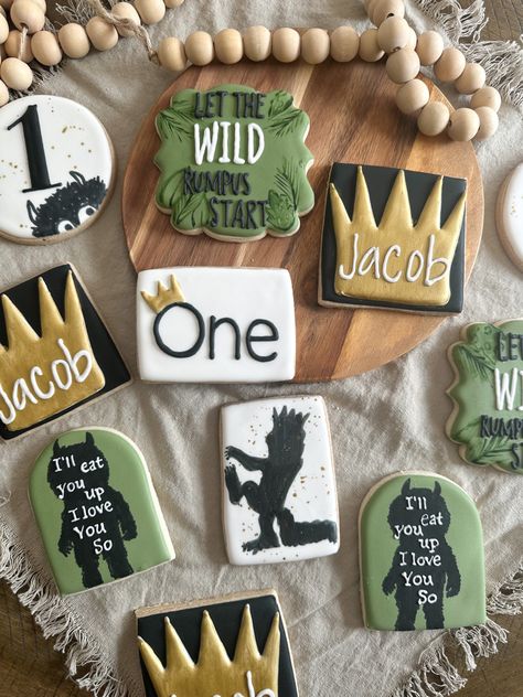 Decorated sugar cookies where the wild things are theme Wild Things Party, Baby First Birthday Themes, Cookie Birthday Party, First Birthday Cookies, Wild Rumpus, Boys 1st Birthday Party Ideas, Twin First Birthday, Wild One Birthday Party, 1st Birthday Party Themes