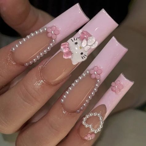 24Pcs Hello Kitty Y2K Fasle Nail Tips French Long Press On Nails 3D Cartoon Detachable Manicure Kitty Aesthetic, Hello Kitty Y2k, Neon Bedroom, Long Press On Nails, Nails 3d, Hello Nails, Pink Stuff, Girly Acrylic Nails, Shine Nails