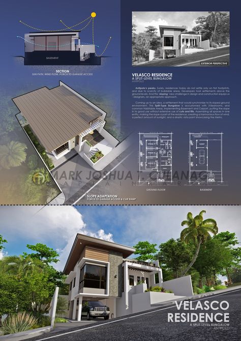 A Split-Level Bungalow Split Level Residence, Split Type House Design, Split Type House, Split Level Bungalow, Split Level Exterior, Commercial Building Plans, Split Level House Plans, Architectural Portfolio, Architecture Design Presentation