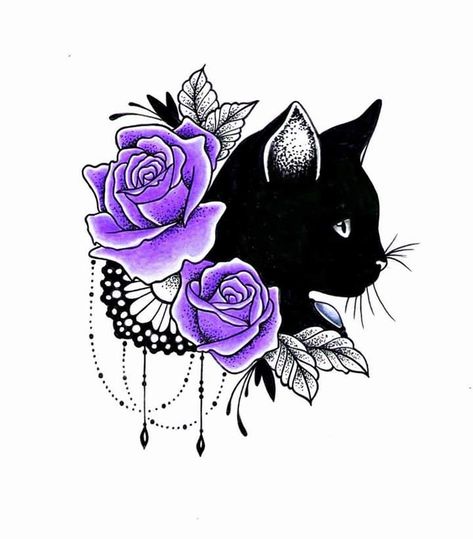 Purple Flower Tattoos, Purple Tattoos, Tier Tattoo, Black Cat Tattoos, Kunst Tattoos, Cat Tattoo Designs, Flamingo Decor, Black Cat Art, Cat Flowers