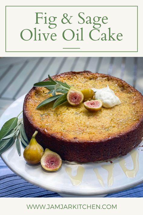 White cake stand with lemon olive oil cake garnished with sage and figs Cake With Figs, Fig Dessert, Stevia Recipes, Lemon Olive Oil Cake, Fig Cake, Jar Kitchen, Fig Recipes, Lemon Olive Oil, Summer Baking