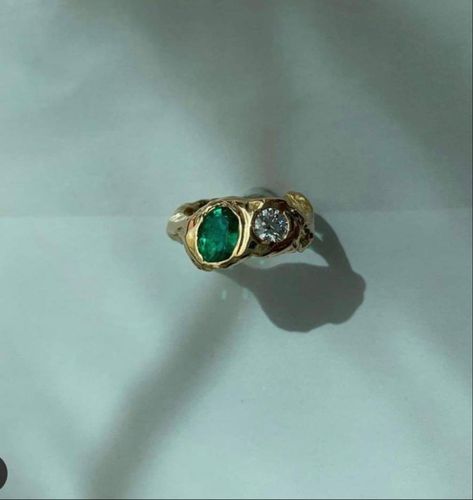 Gold Emerald And Diamond Engagement Ring, Unique Emerald Wedding Rings, Eccentric Engagement Ring, Eclectic Wedding Ring, Raw Cut Engagement Ring, Quirky Engagement Rings, Funky Engagement Rings Unique, Engagement Rings With Emeralds, Eclectic Engagement Rings