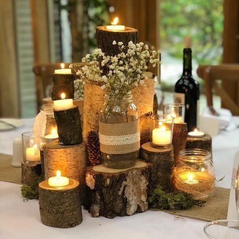 Wooden Log Table Centrepiece, Fall Wedding Candle Centerpieces, Gypsophila Wedding Table, Fall Wedding Candles, Log Cabin Wedding, Log Centerpieces, Fairytale Wedding Theme, Gala Decorations, Gypsophila Wedding