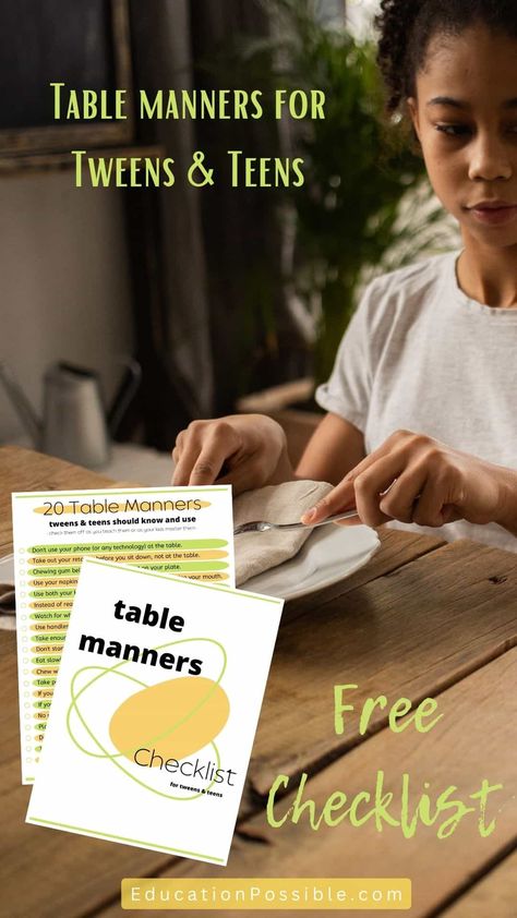 Here's a free checklist to help you teach your tweens and teens table etiquette. It's important that our middle schoolers go beyond the basics of table manners. Use this printable checklist to keep track of what they've learned. Kids Table Manners, Teaching Tables, Etiquette Dinner, Manners Activities, College Advising, Home Skills, Good Table Manners, Manners And Etiquette, Etiquette Classes