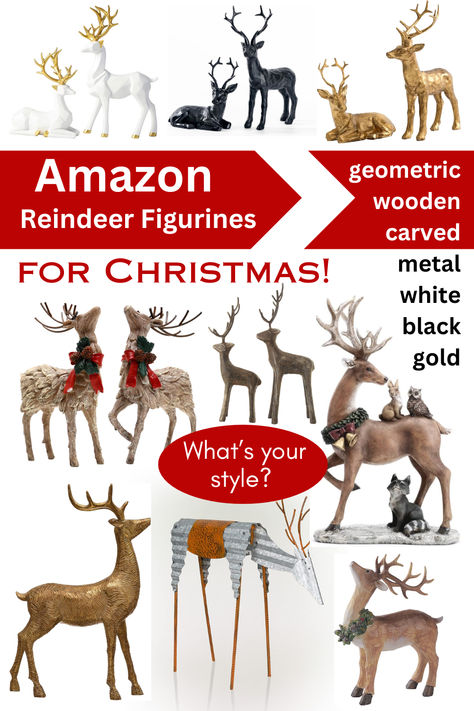 I've curated a list of gorgeous reindeer figurines from Amazon for Christmas so you don't have to! With multiple options like geometric, wooden, carved, metal and more colors than you can think of, these reindeer are perfect for Christmas decor. Whatever your style, these reindeer figurines will look amazing in your home decor for Christmas this year. Check out these Amazon reindeer figurines for Christmas in any style. Reindeer Figurines, Diy Reindeer, Reindeer Sculpture, Home Decor For Christmas, Reindeer Figurine, Wooden Reindeer, Decor For Christmas, Farmhouse Holiday, What's Your Style