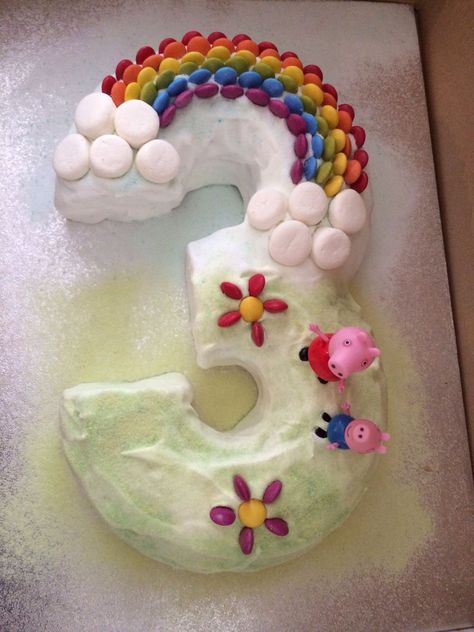 3 Shaped Birthday Cake Number 3, Easy 3rd Birthday Cake, Number 3 Rainbow Cake, 3 Shaped Birthday Cake, Easy Peppa Pig Cake, 2 Shaped Birthday Cake, 3 Cake Number, Rainbow Number Cake, Rainbow Shaped Cake