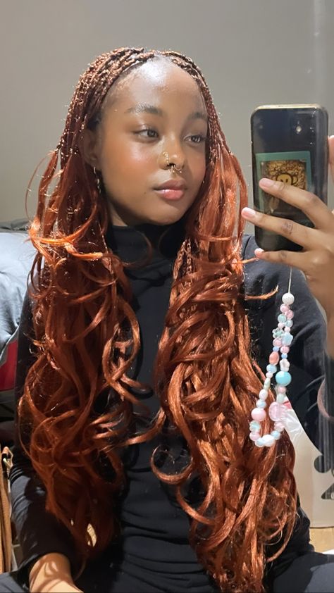 Copper Red Braids Black Women, Ginger Braids With French Curls, Ginger Spanish Curl Braids, Goddess Braids Auburn, French Curls Braids Black Women Ginger, Ginger French Curls, Red French Curl Braids, Orange Braids For Black Women, Ginger Layered Braids